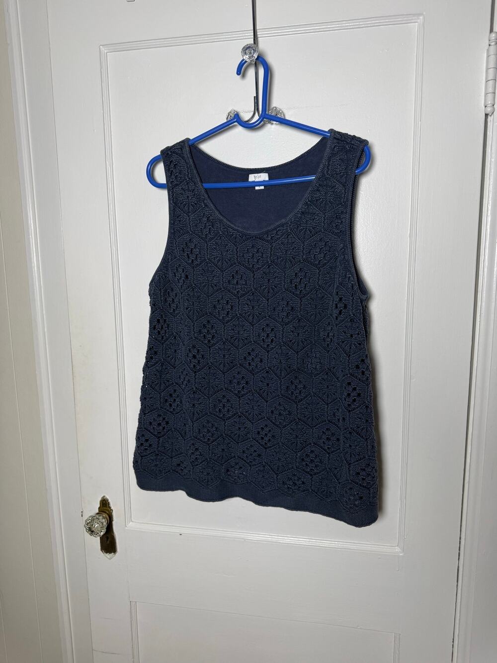 J. Jill Navy Blue Crochet Eyelet Tank Top XL Cotton Coastal Preppy Boho